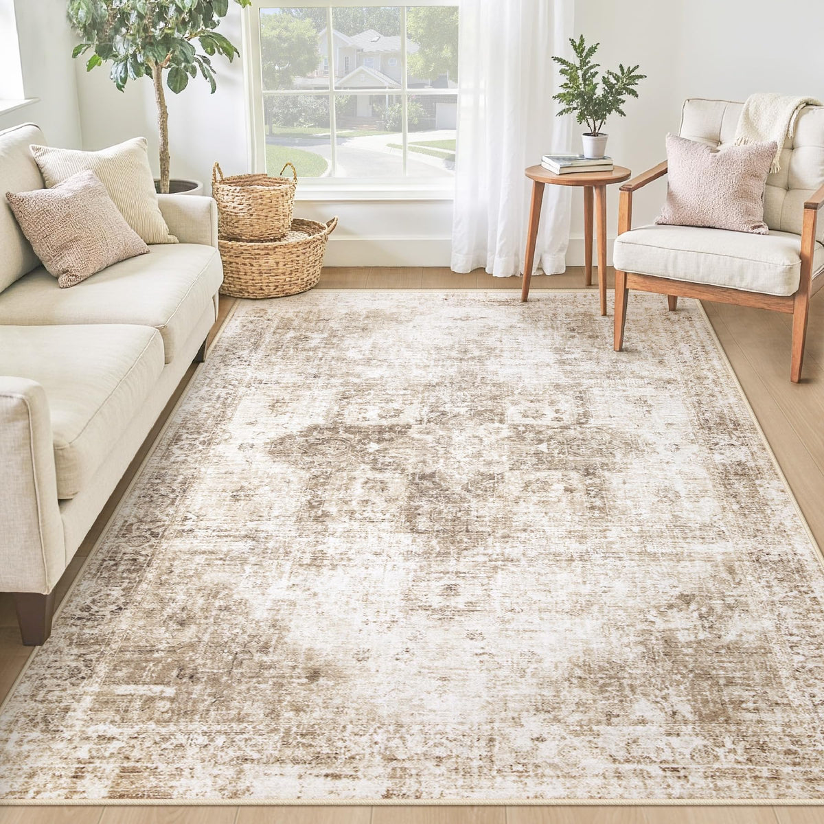 Area Rug 8x10 Washable Rug, Vintage Boho Medallion Rugs Non-Slip Soft Low Pile Large Distressed Rug Indoor Retro Carpet for Living Room Bedroom Dining Room Office Children's Room(Beige, 8'x10')
