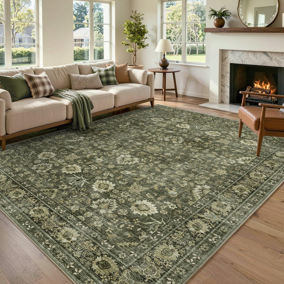 6x9 Ft Large Area Rugs for Living Room, Soft Non-Slip Machine Washable Rug, Vintage Stain Resistant Carpets for Bedroom Nursery Dining Room Home Decor (Beige)