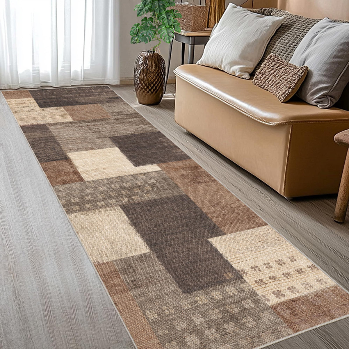 Modern Geometric Patchwork Indoor Area Rug for Living Room, Chocolate 5'x 7' Large Rug Rockwood Collection Hardwood Floors Decor for Bedroom, Brown Throw Carpet for Office Entryway Dining Room