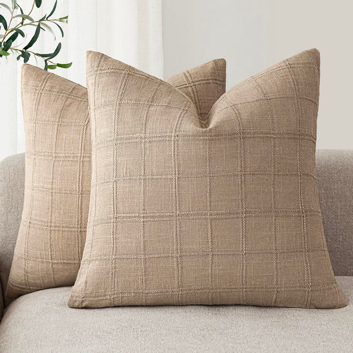 Foindtower Boho Linen Check Decorative Throw Pillow Cover 20×20 Olive Green