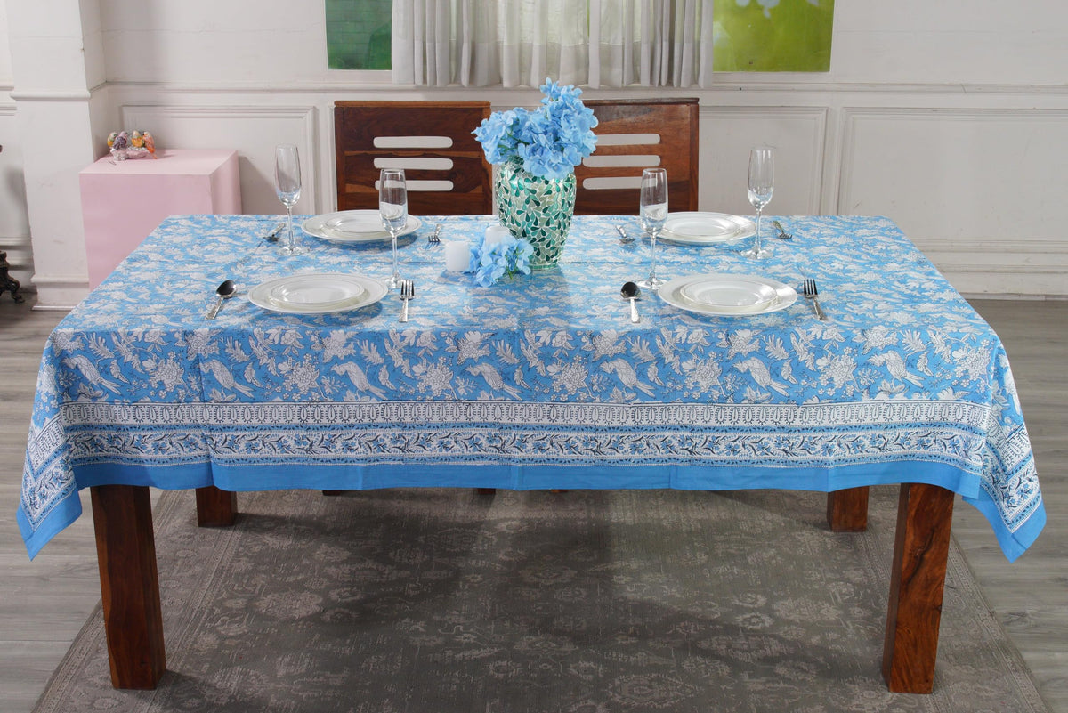 CPC Tablecloth 100% Cotton 70x108 Inch Indian Block Print Rectangle Table Cover, Blue Table Cloth for Weddings, Spring/Summer, Barbeque - Apatite Blue