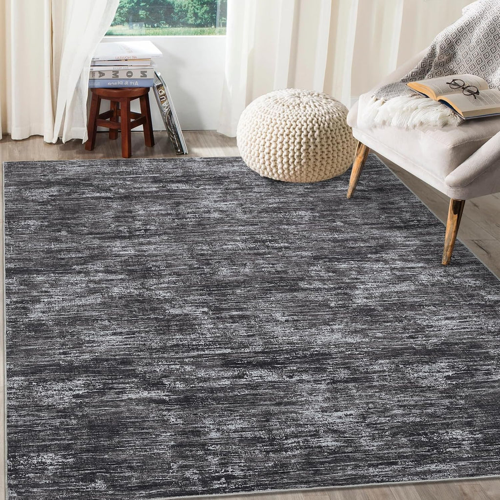 RUGSREAL Bedroom Area Rug 4x6 Modern Abstract Area Rug Stain Resistant Small Living Room Rug Contemporary Dining Room Rug Non-Slip Solid Rug Aesthetic Accent Floor Carpet for Kitchen Office, Dark Grey