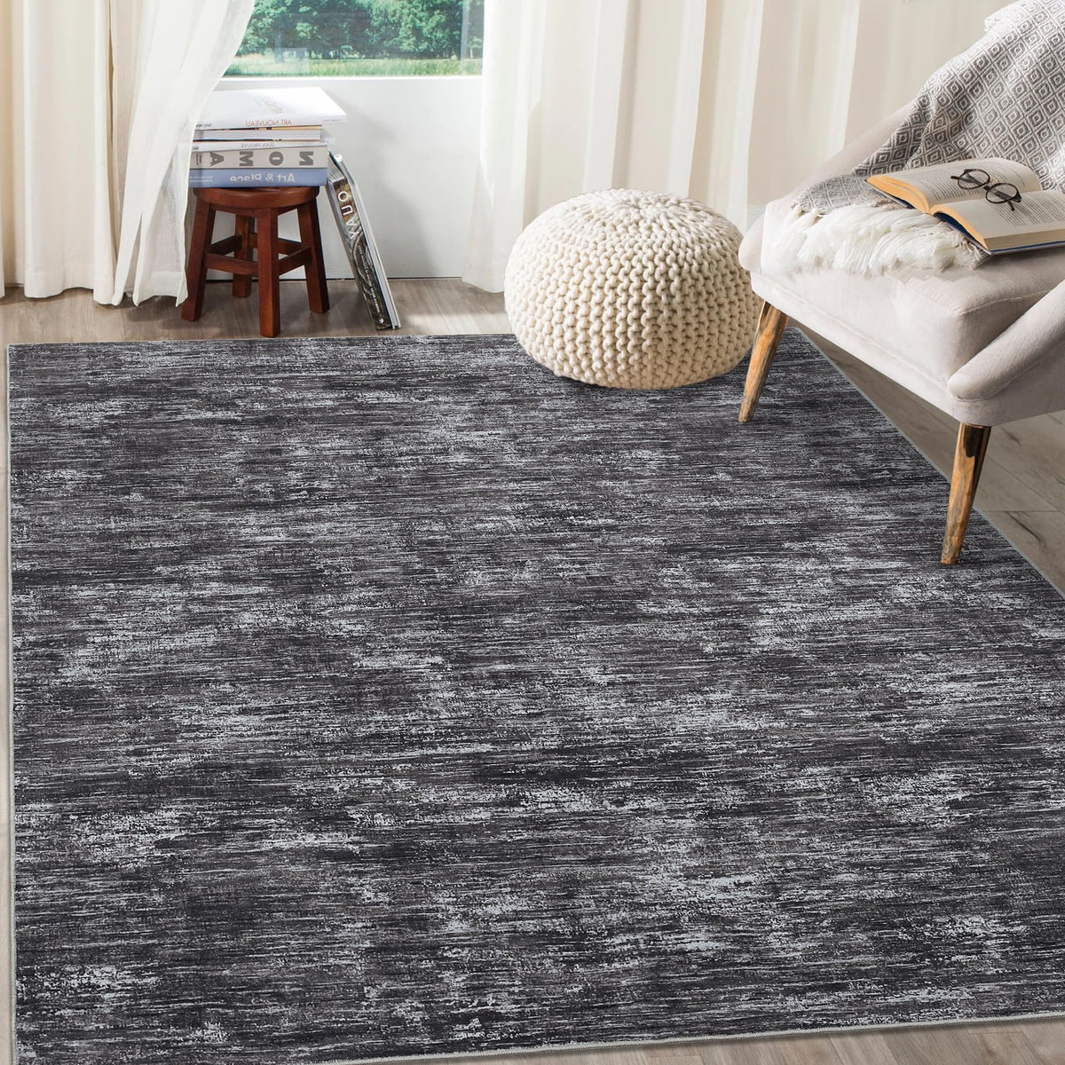 RUGSREAL Bedroom Area Rug 4x6 Modern Abstract Area Rug Stain Resistant Small Living Room Rug Contemporary Dining Room Rug Non-Slip Solid Rug Aesthetic Accent Floor Carpet for Kitchen Office, Dark Grey