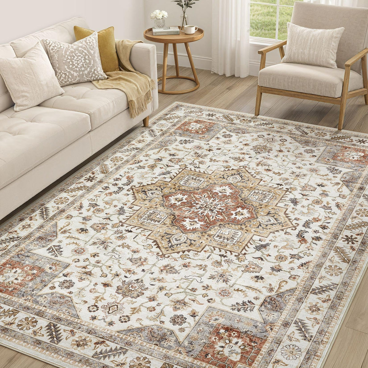 cotiled 5x7 Area Rug for Living Room, Washable, Traditional, Beige