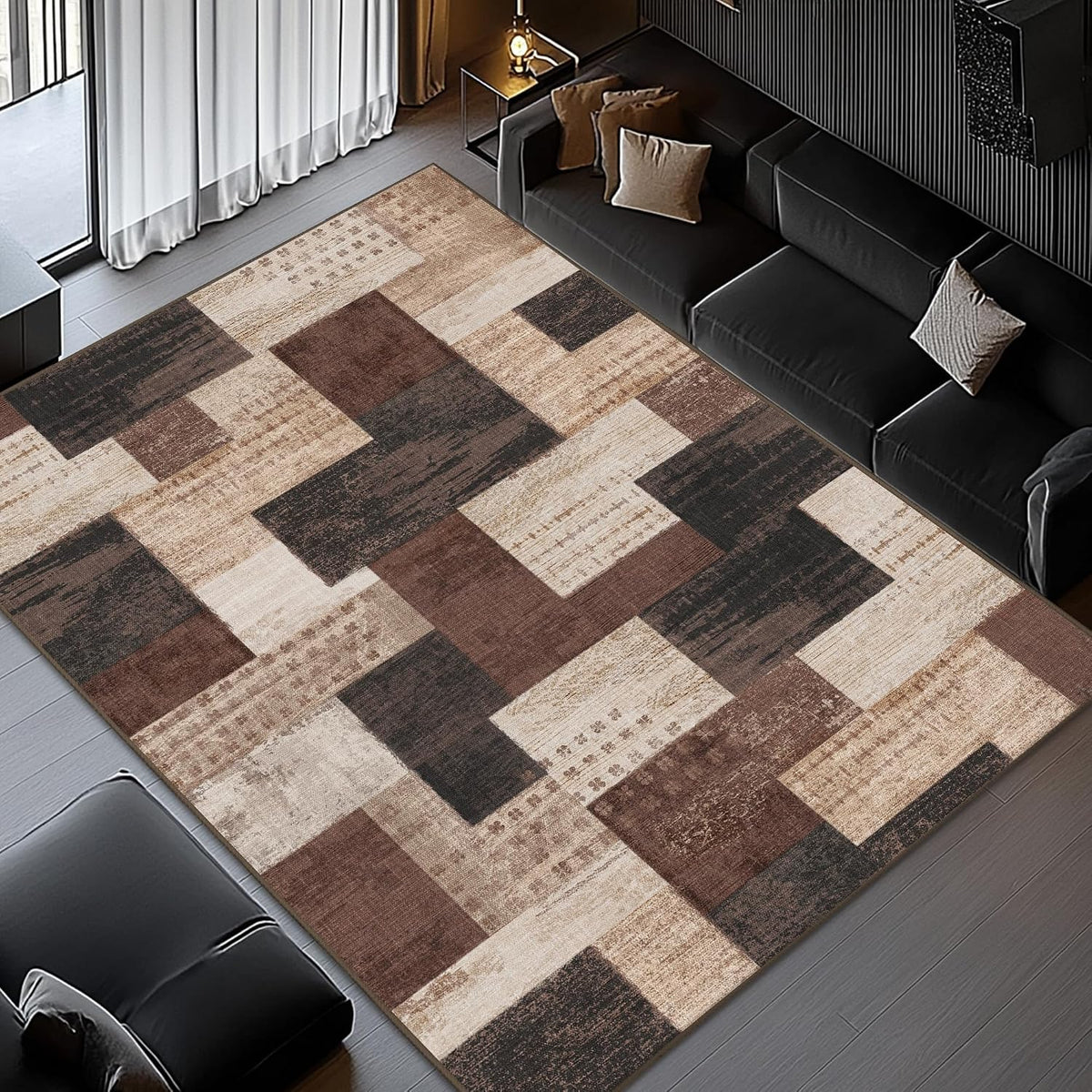 Modern Geometric Patchwork Indoor Area Rug for Living Room, Chocolate 5'x 7' Large Rug Rockwood Collection Hardwood Floors Decor for Bedroom, Brown Throw Carpet for Office Entryway Dining Room