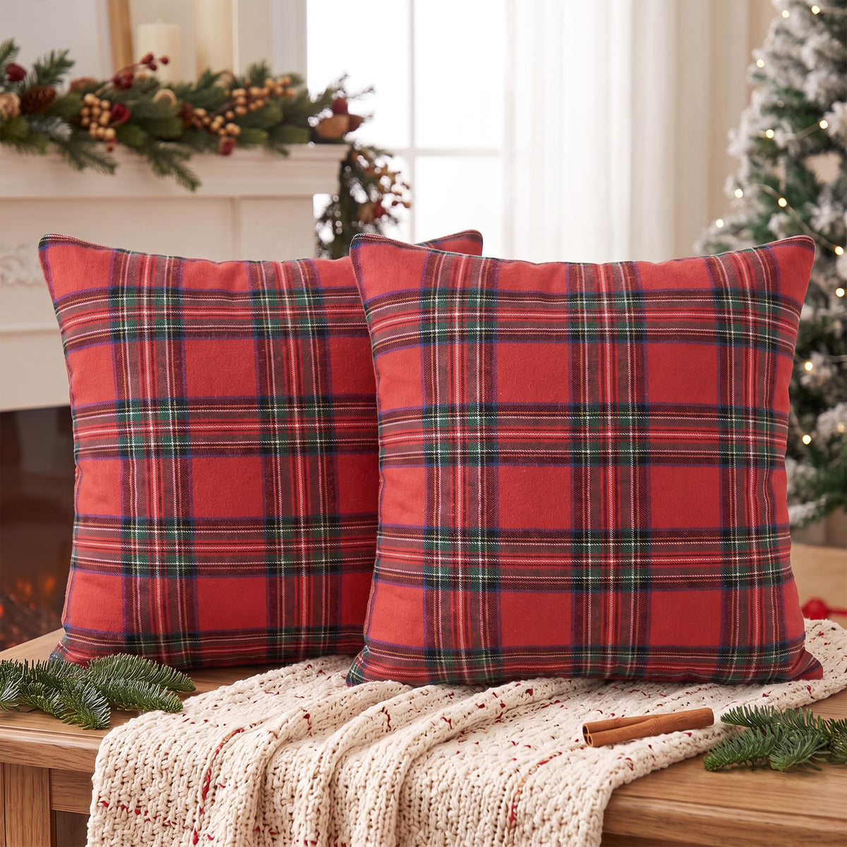 AVOIN colorlife Fall Caramel Brown Plaid Decorative Throw Pillow Covers, 18 x 18 Inch Holiday Scottish Tartan Cushion Case Farmhouse Decoration for Sofa Couch Set of 2
