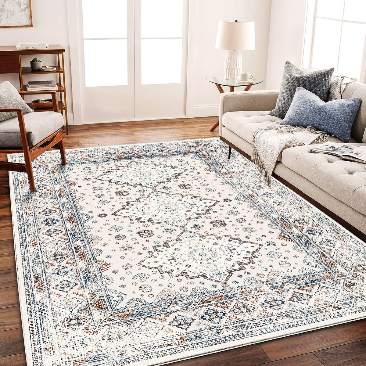 CHAMPLANT 6'x9' Washable Vintage Area Rug Boho Chic Medallion Distressed Design Non-Shedding Easy Care Ideal for High Traffic Areas in Living Room Bedroom Kitchen Office Large Carpet