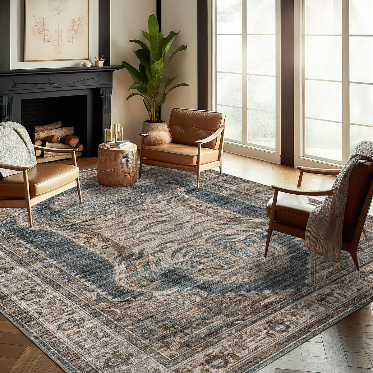 CHAMPLANT 6'x9' Washable Vintage Area Rug Boho Chic Medallion Distressed Design Non-Shedding Easy Care Ideal for High Traffic Areas in Living Room Bedroom Kitchen Office Large Carpet