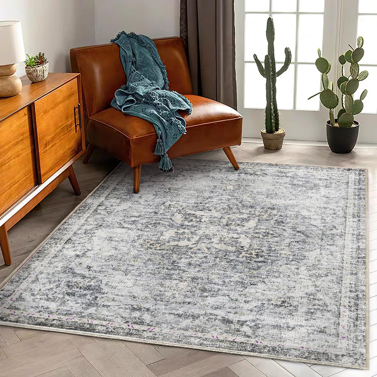 CHAMPLANT 6'x9' Washable Vintage Area Rug Boho Chic Medallion Distressed Design Non-Shedding Easy Care Ideal for High Traffic Areas in Living Room Bedroom Kitchen Office Large Carpet