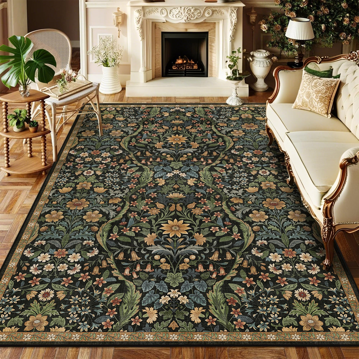 Floral Area Rug 5x7 Botanical Washable Carpet for Living Room