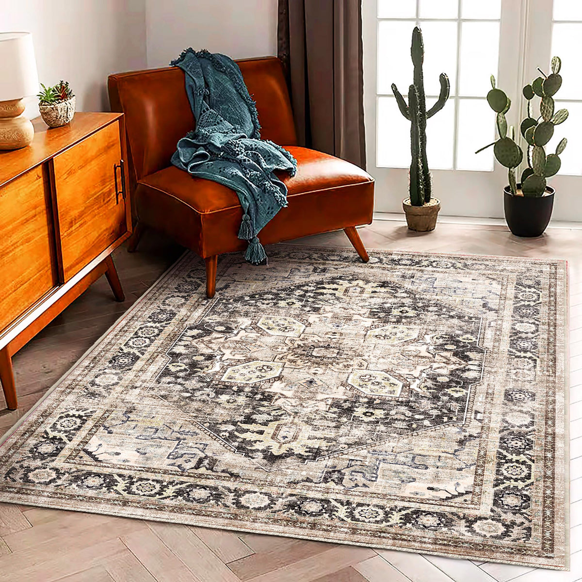 CHAMPLANT 6'x9' Washable Vintage Area Rug Boho Chic Medallion Distressed Design Non-Shedding Easy Care Ideal for High Traffic Areas in Living Room Bedroom Kitchen Office Large Carpet