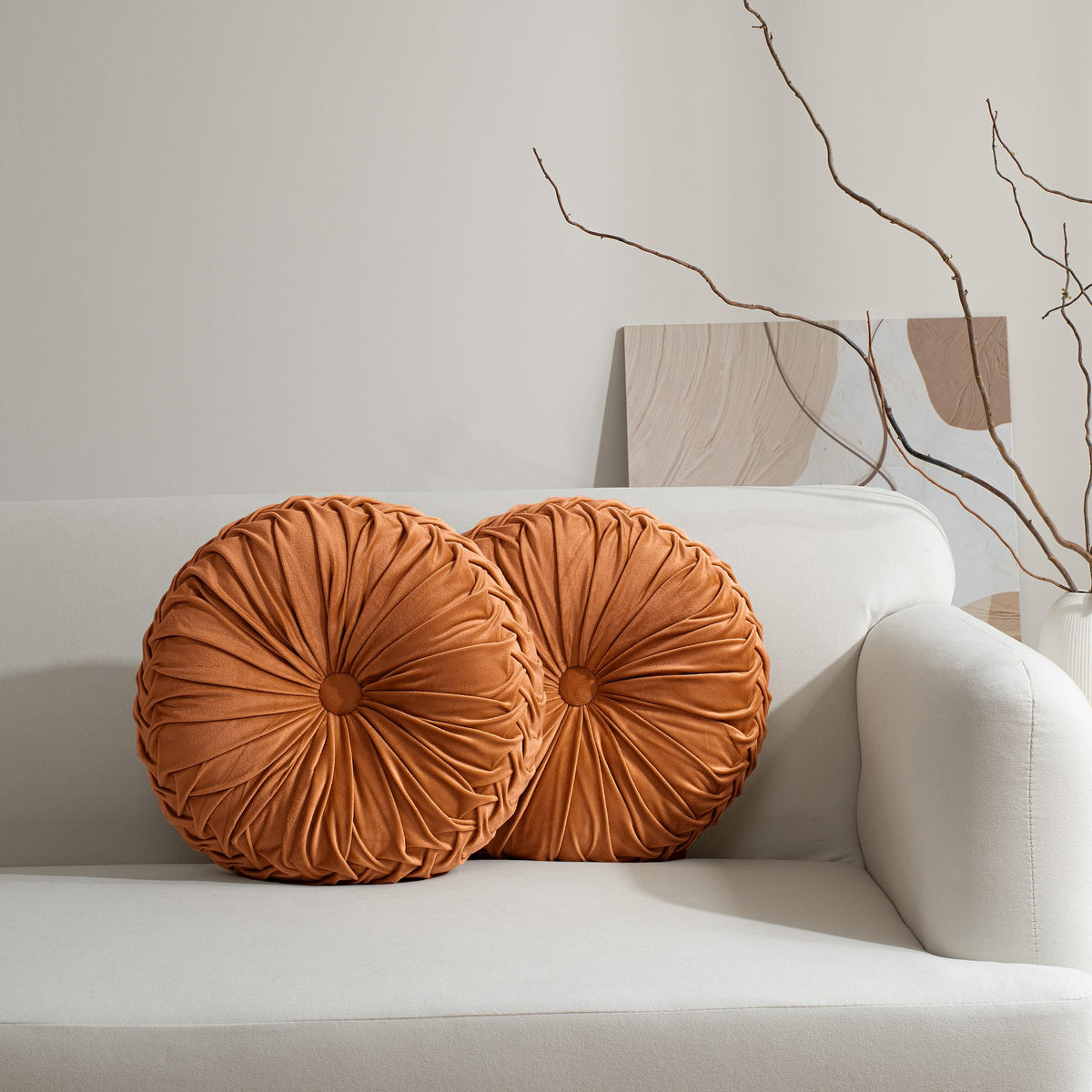 HIG Set of 2 Olive Velvet Decorative Round Pleated Throw Pillows