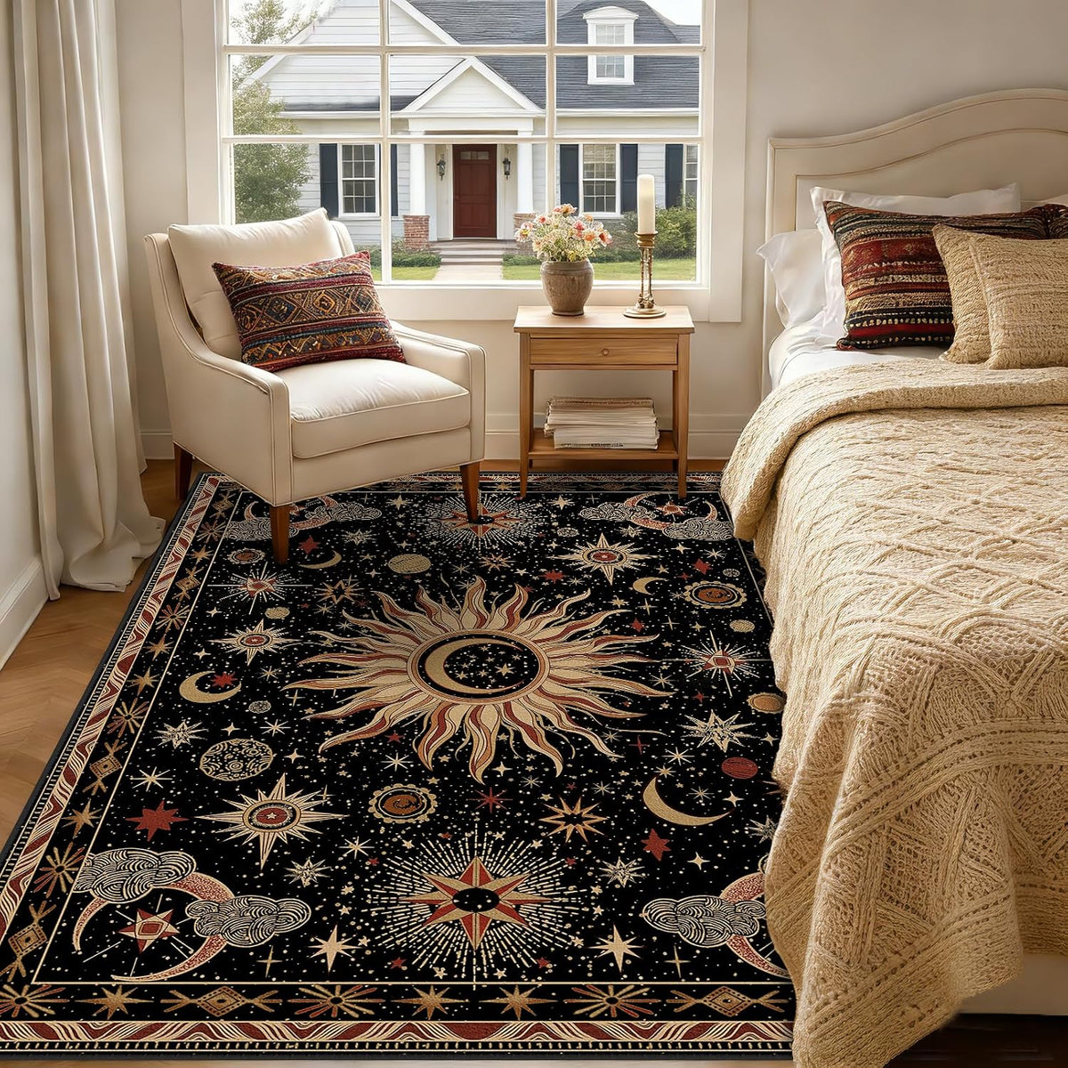 Vacuum-Friendly, 5x7 Washable Area Rug, Black Gold Beige Red