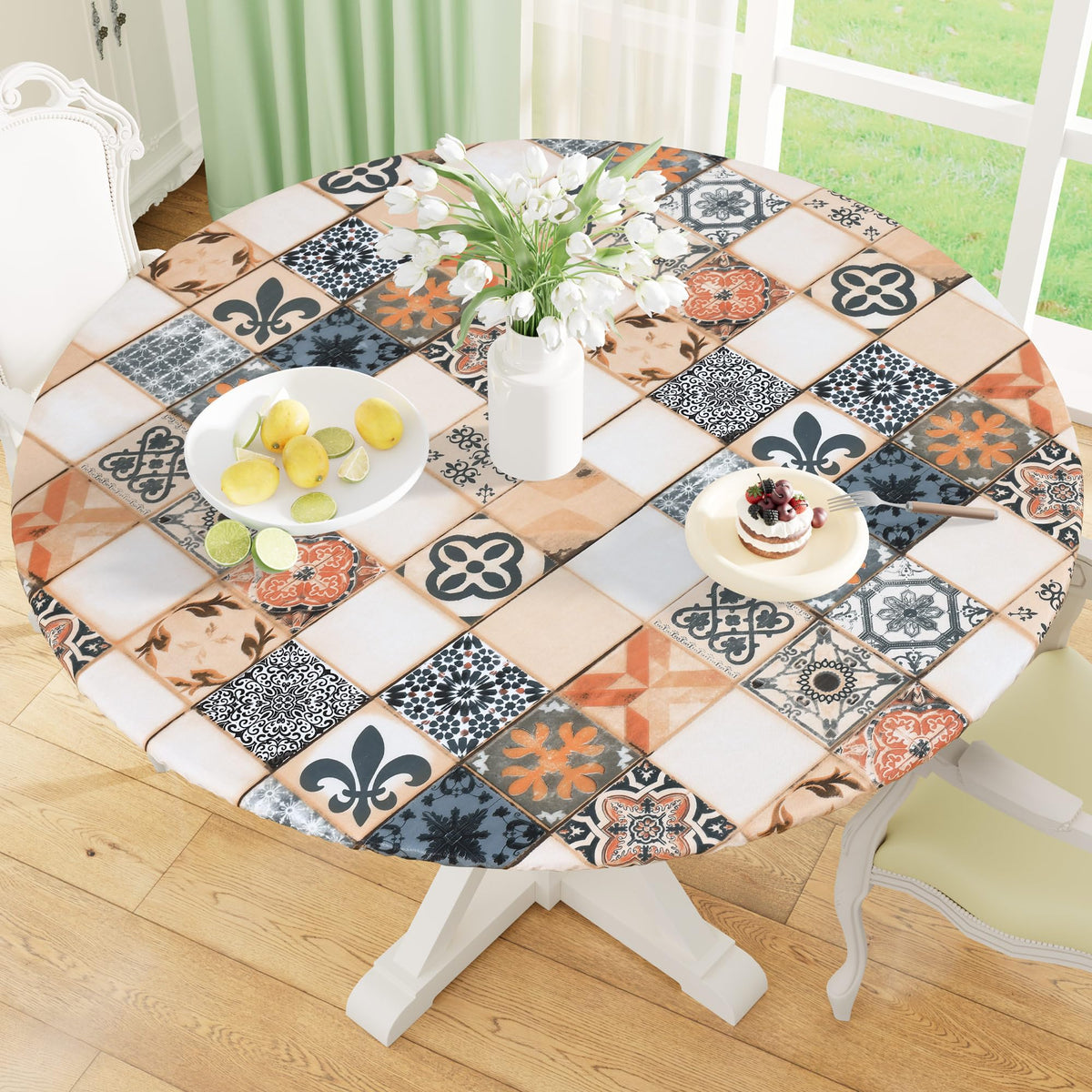 misaya Round Fitted Tablecloth with Elastic Edge, 100% Waterproof Oil Proof Plastic Table Cover, Vinyl Flannel Backed Tablecloth Fits 36"-44" Round Tables for Dinner, Outdoor, Picnic, Flowers