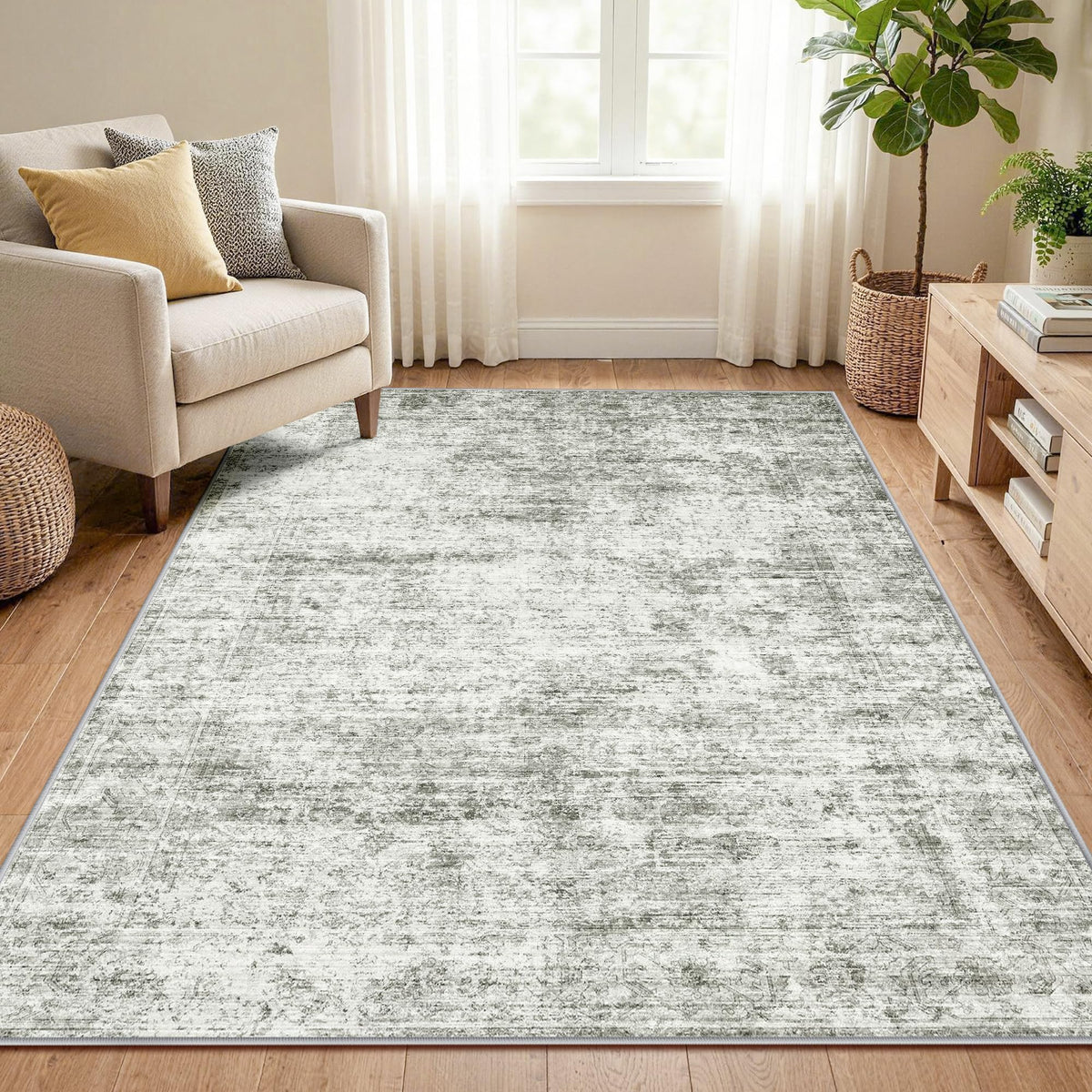 LIVELYGLOW 5x7 Washable Vintage Area Rug, Bedroom Dorm Rug