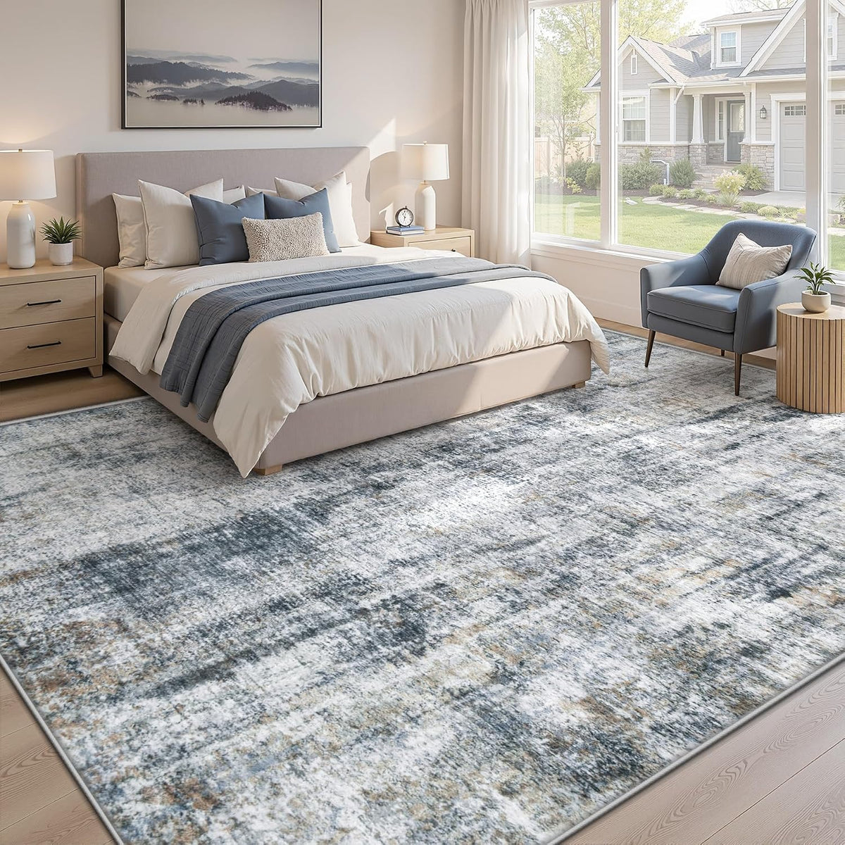 MXSANYOO 8x10 Area Rugs Washable Rug: Abstract Neutral Rugs Modern Non Slip Area Rug Stain Resistant Low Pile Indoor Carpet for Dining Room Bedroom Nursery Office (Multi Blue, 8'x10')