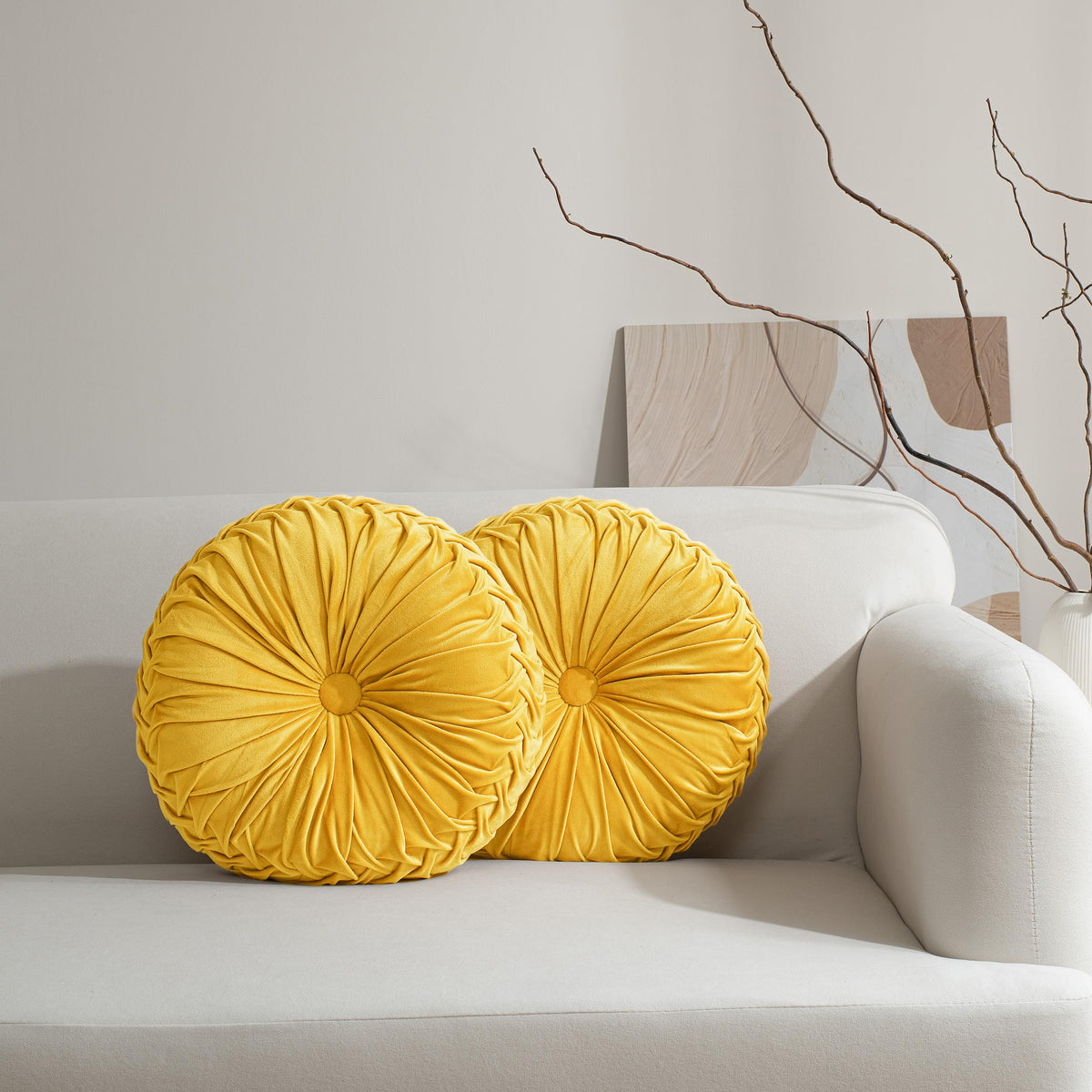 HIG Set of 2 Olive Velvet Decorative Round Pleated Throw Pillows