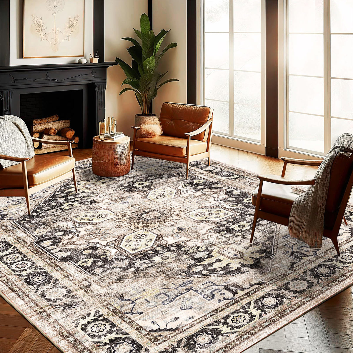 CHAMPLANT 6'x9' Washable Vintage Area Rug Boho Chic Medallion Distressed Design Non-Shedding Easy Care Ideal for High Traffic Areas in Living Room Bedroom Kitchen Office Large Carpet
