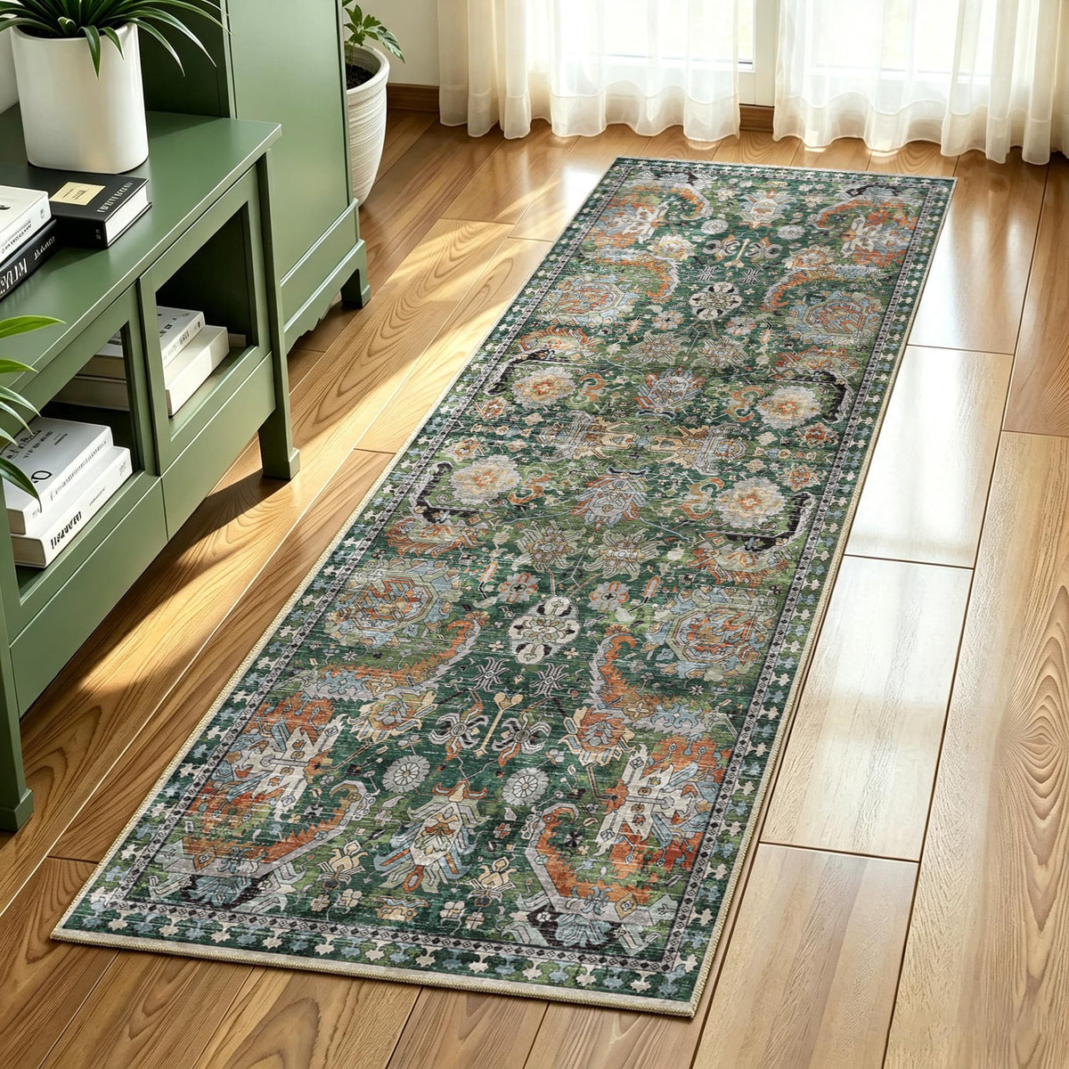 RUGSURE Washable Area Rugs - Perfect for Living Room, Bedroom, Kids Room, Nursery - Stain & Water Resistant Non-Slip, Pet & Child Friendly, Vintage Tribal Area Rugs (Green, 5' x 7')