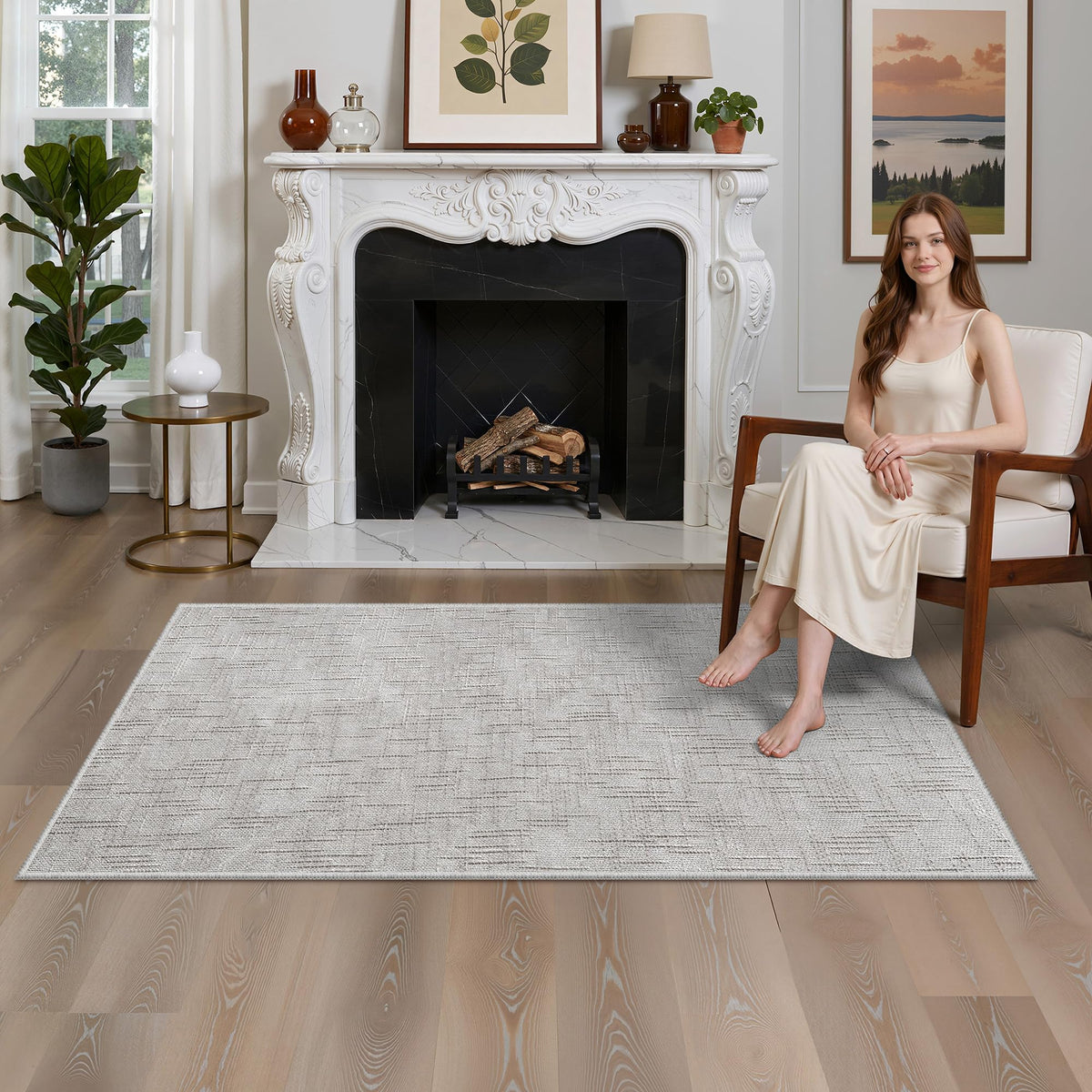 Valenrug Washable Rugs 5x7, Non Slip Large Area Rugs for Living Room, Beige
