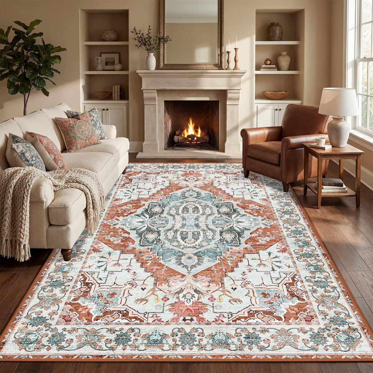 Washable 9x12 Area Rug for Living Room, Non-Slip Large Pink Bedroom Rugs