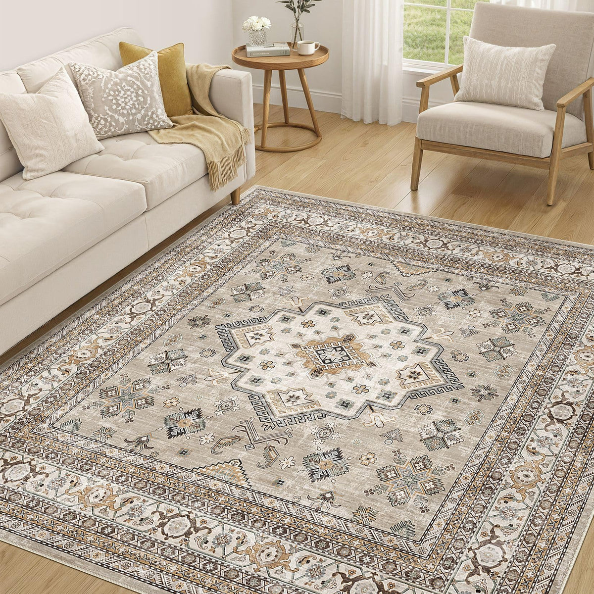 cotiled 5x7 Area Rug for Living Room, Washable, Traditional, Beige