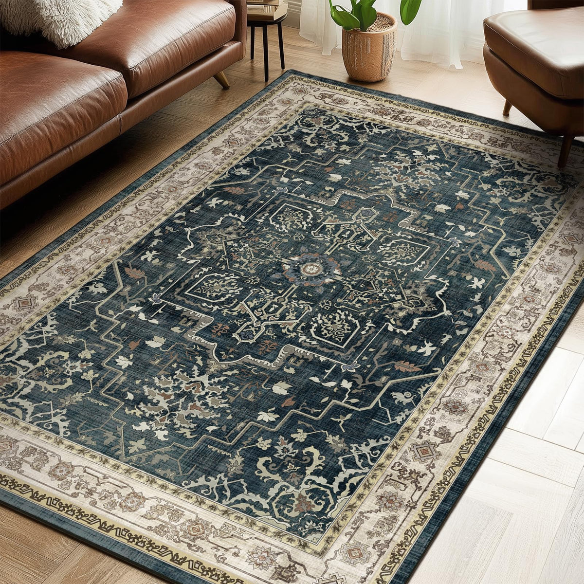 Vintage Dark Green Area Rugs 5x7 for Living Room, Tranditional Distressed Medallion Printed Low Pile Thin Rugs for Bedroom, Non Slip Washable Carpet Rugs for Dining Room/Kitchen/Home Office