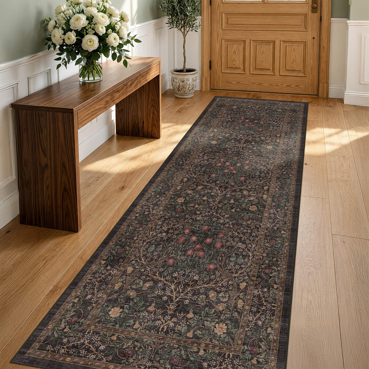 Vintage Floral Dark Green 3x5 Area Rugs for Entryway, Kitchen, Bedroom Beside Rug, Laundry Room, Non-Slip Low Pile Ultra Soft Stain Resistant Small Carpet