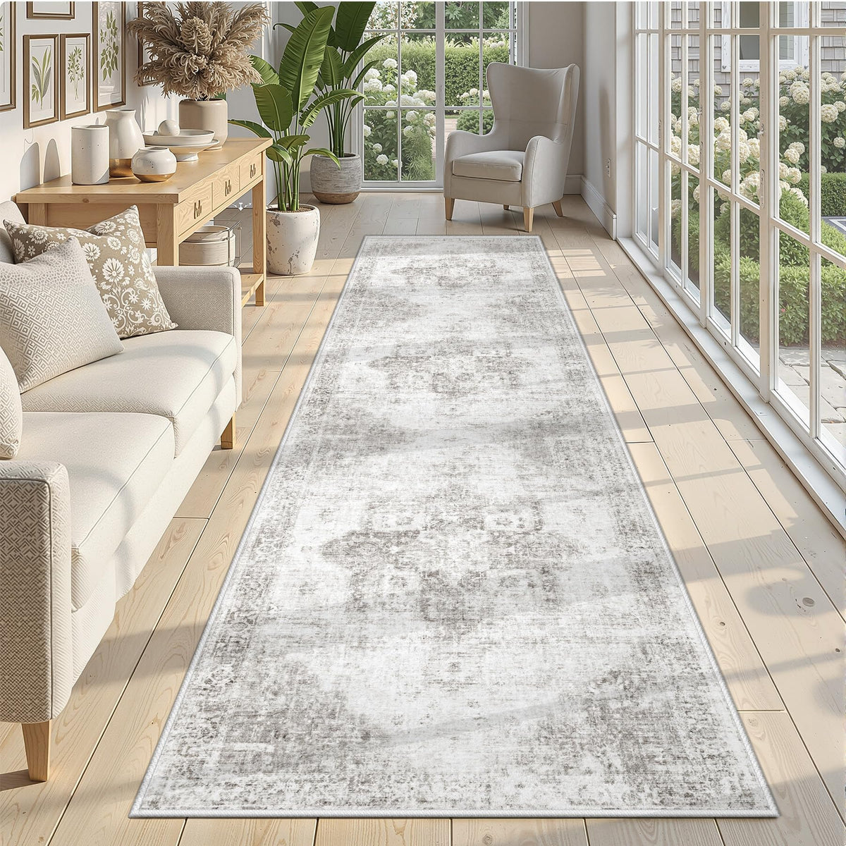 Area Rug 8x10 Washable Rug, Vintage Boho Medallion Rugs Non-Slip Soft Low Pile Large Distressed Rug Indoor Retro Carpet for Living Room Bedroom Dining Room Office Children's Room(Beige, 8'x10')