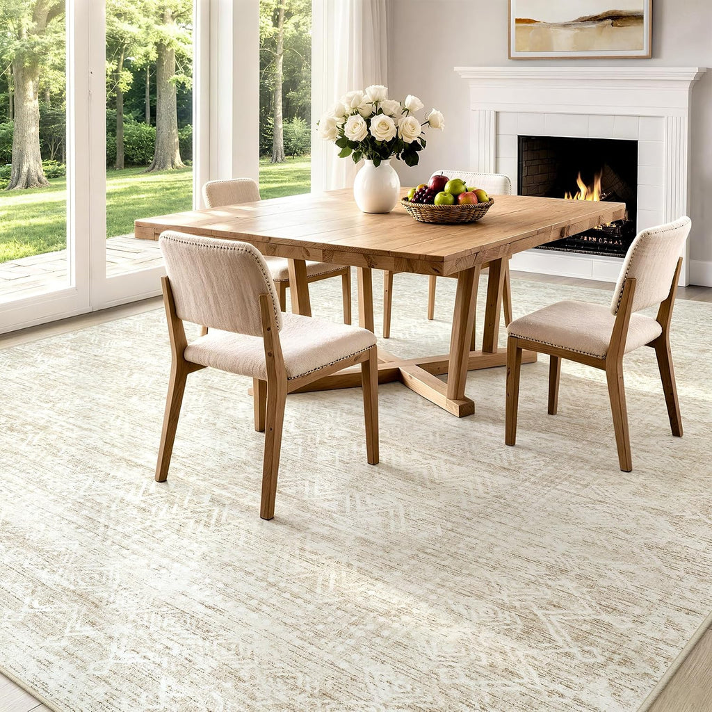 6x9 Area Rugs, Beige Washable Geometric Boho Rug for Living Room, Bedroom