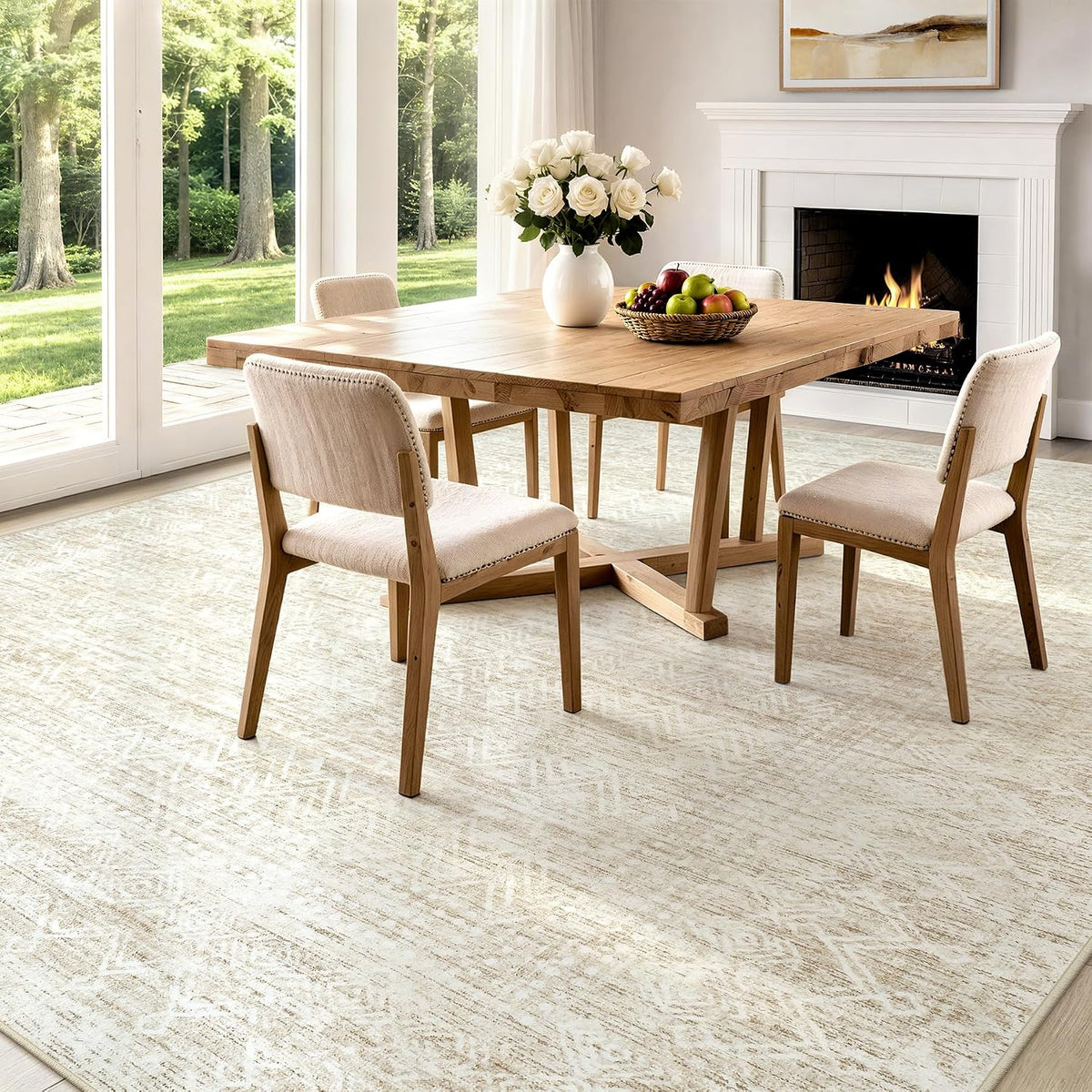 6x9 Area Rugs, Beige Washable Geometric Boho Rug for Living Room, Bedroom