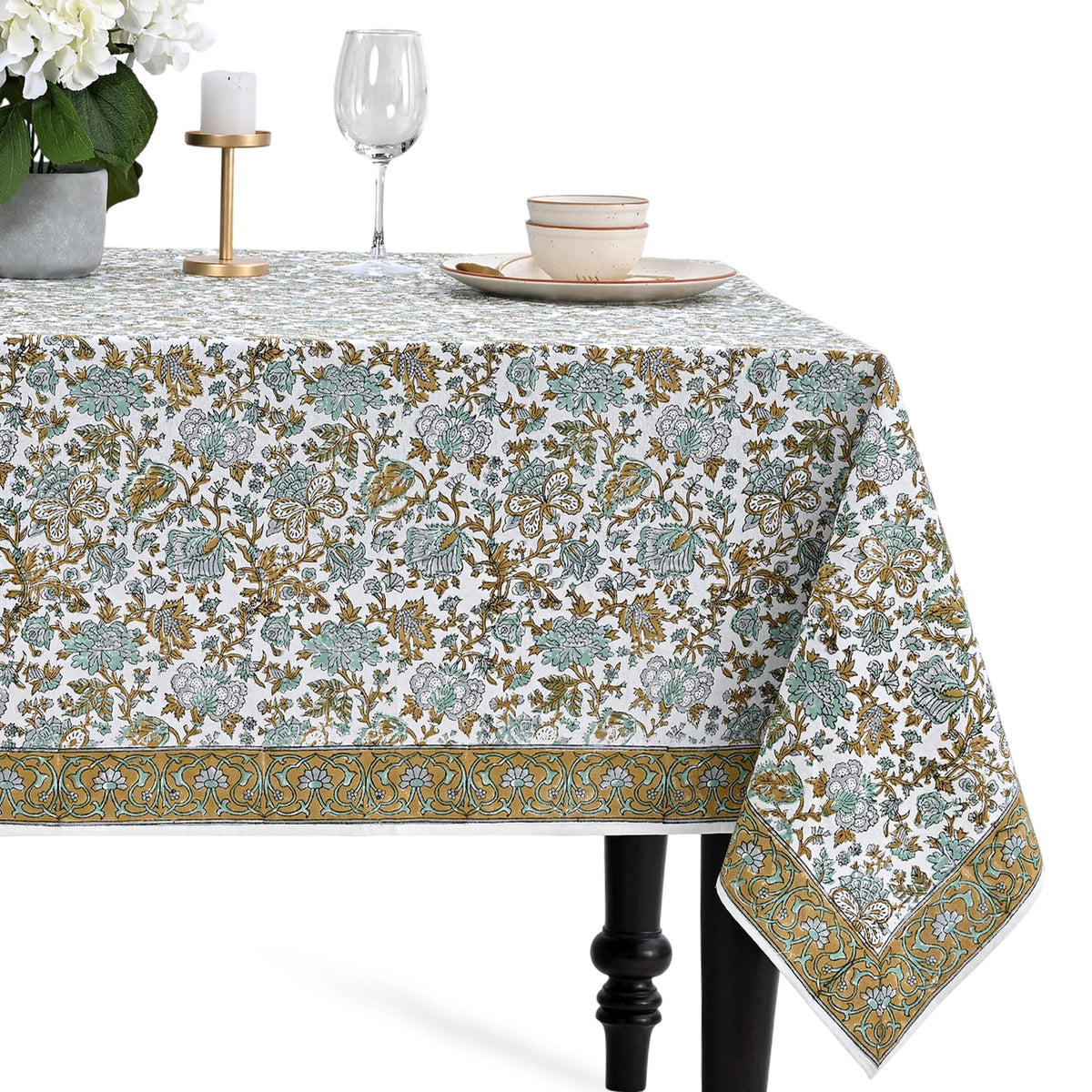 CPC Tablecloth 100% Cotton 70x108 Inch Indian Block Print Rectangle Table Cover, Blue Table Cloth for Weddings, Spring/Summer, Barbeque - Apatite Blue