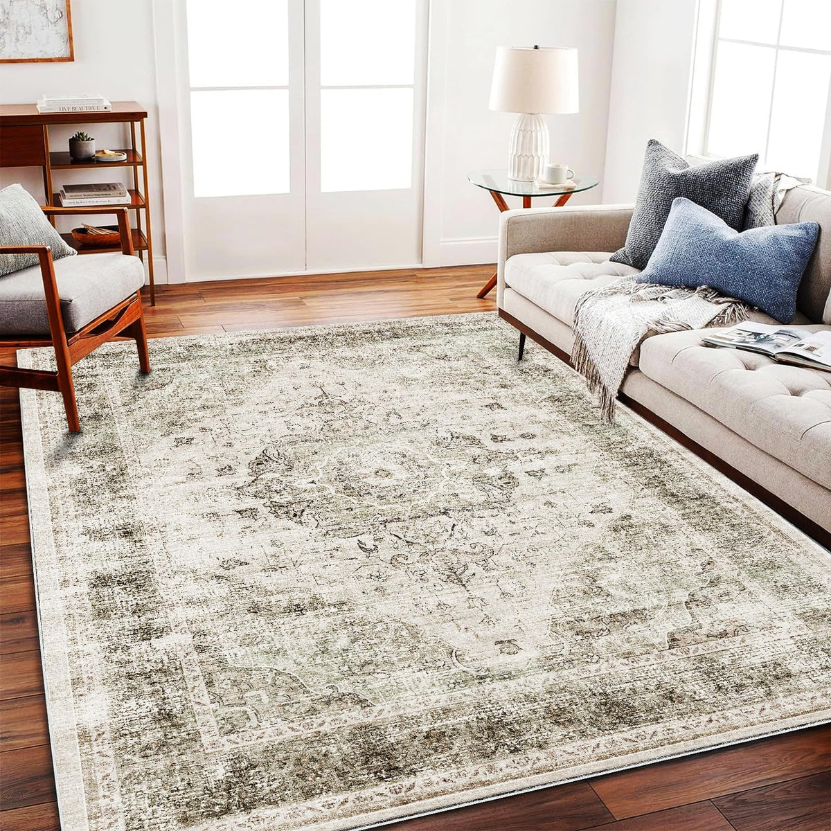 CHAMPLANT 6'x9' Washable Vintage Area Rug Boho Chic Medallion Distressed Design Non-Shedding Easy Care Ideal for High Traffic Areas in Living Room Bedroom Kitchen Office Large Carpet