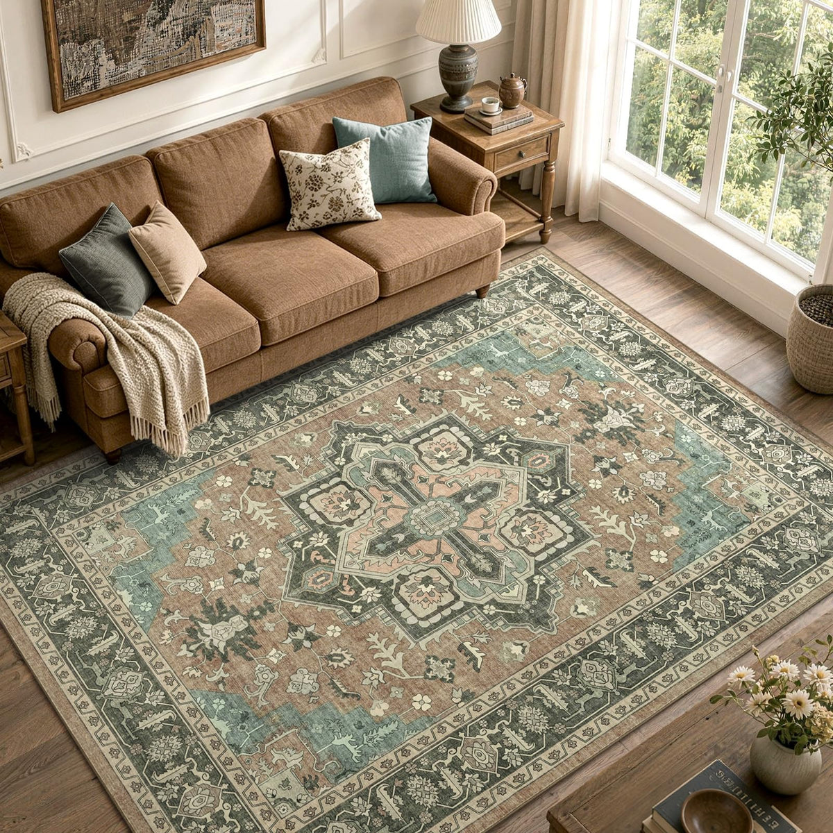 6x9 Ft Large Area Rugs for Living Room, Soft Non-Slip Machine Washable Rug, Vintage Stain Resistant Carpets for Bedroom Nursery Dining Room Home Decor (Beige)