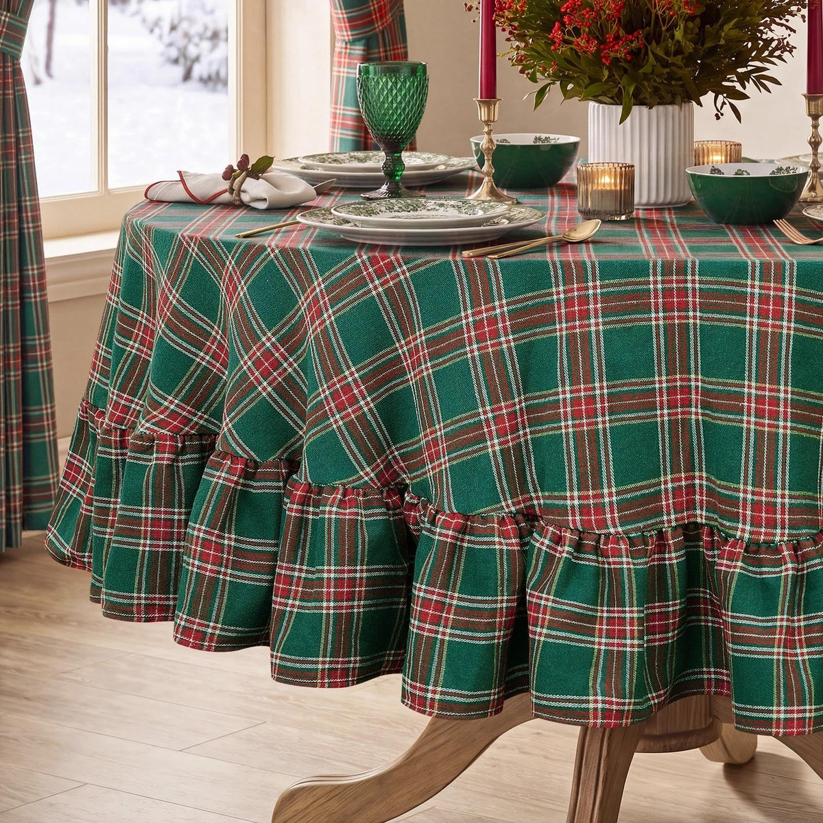 Softalker Gingham Rectangle Tablecloth with Tassel, Sage Green, 55" x 84"