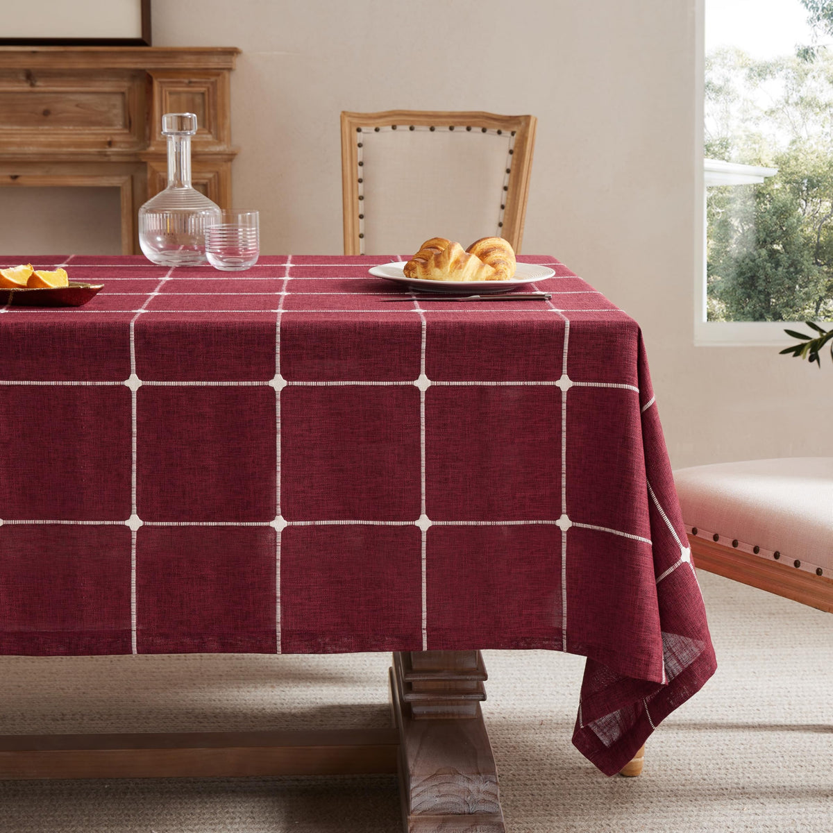 ZeeMart Grid Embroidered Rectangle Hemmed Tablecloths 60x120in, Blue