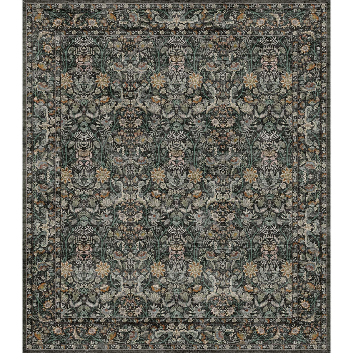 Vintage Botanical Area Rug 8x10: Floral Carpet Non-Slip - Dark Green