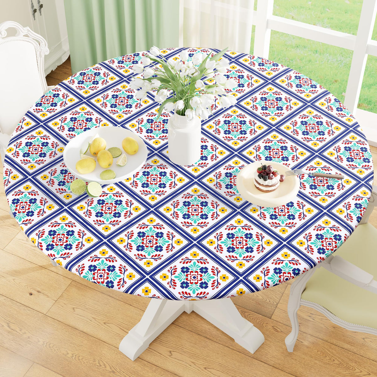 misaya Round Fitted Tablecloth with Elastic Edge, 100% Waterproof Oil Proof Plastic Table Cover, Vinyl Flannel Backed Tablecloth Fits 36"-44" Round Tables for Dinner, Outdoor, Picnic, Flowers