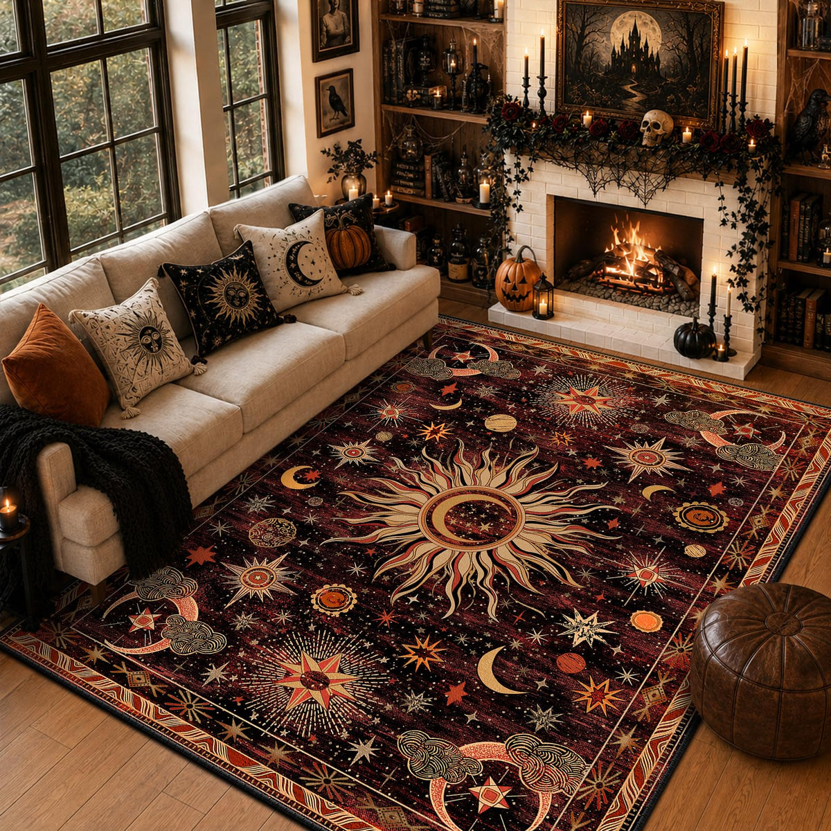 Vacuum-Friendly, 5x7 Washable Area Rug, Black Gold Beige Red