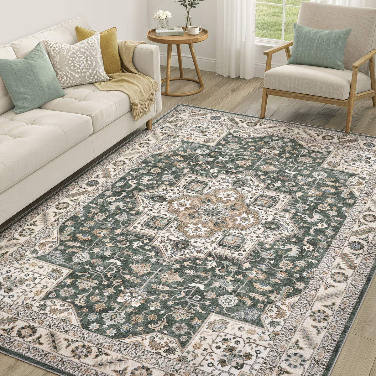 cotiled 5x7 Area Rug for Living Room, Washable, Traditional, Beige