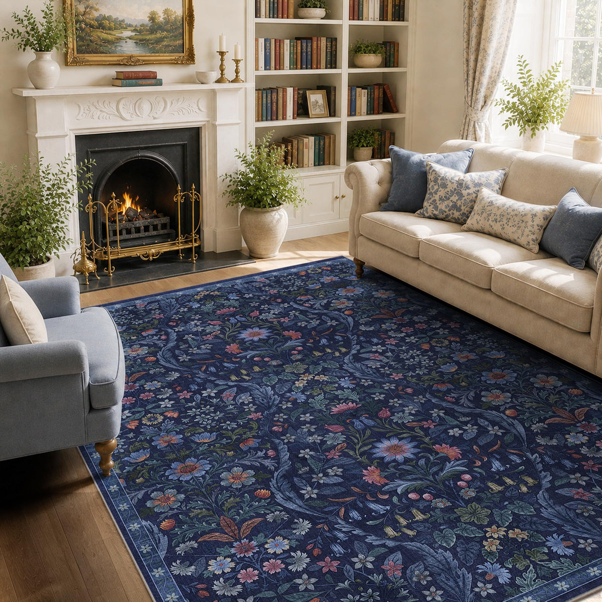 Floral Area Rug 5x7 Botanical Washable Carpet for Living Room