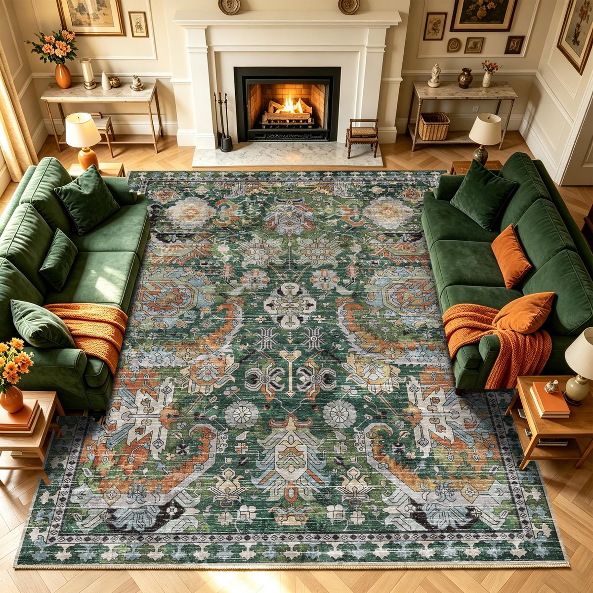 RUGSURE Washable Area Rugs - Perfect for Living Room, Bedroom, Kids Room, Nursery - Stain & Water Resistant Non-Slip, Pet & Child Friendly, Vintage Tribal Area Rugs (Green, 5' x 7')