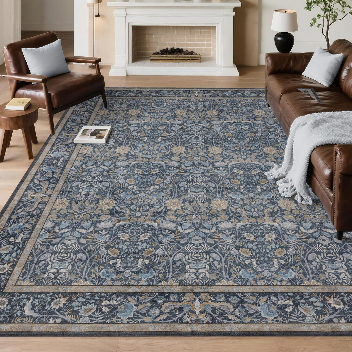 Vintage Botanical Area Rug 8x10: Floral Carpet Non-Slip - Dark Green