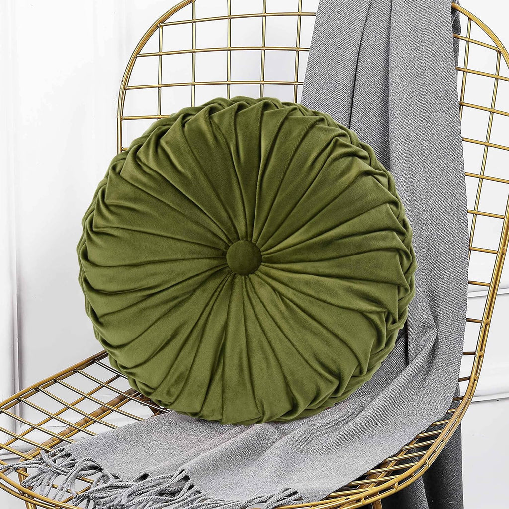 HIG Set of 2 Olive Velvet Decorative Round Pleated Throw Pillows