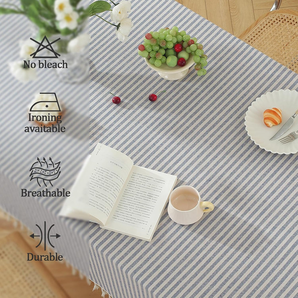 meioro Table Cloth Blue White Striped Tablecloth with Tassels Cotton Linen Dust-Proof Table Cover for Dining Buffet Kitchen Picnic Tables, Parties Holiday Indoor Outdoor Tablecloths (39x55 Inch)