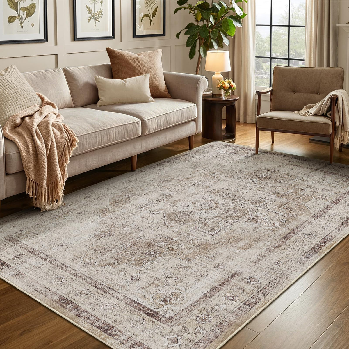 Vintage Dark Green Area Rugs 5x7 for Living Room, Tranditional Distressed Medallion Printed Low Pile Thin Rugs for Bedroom, Non Slip Washable Carpet Rugs for Dining Room/Kitchen/Home Office