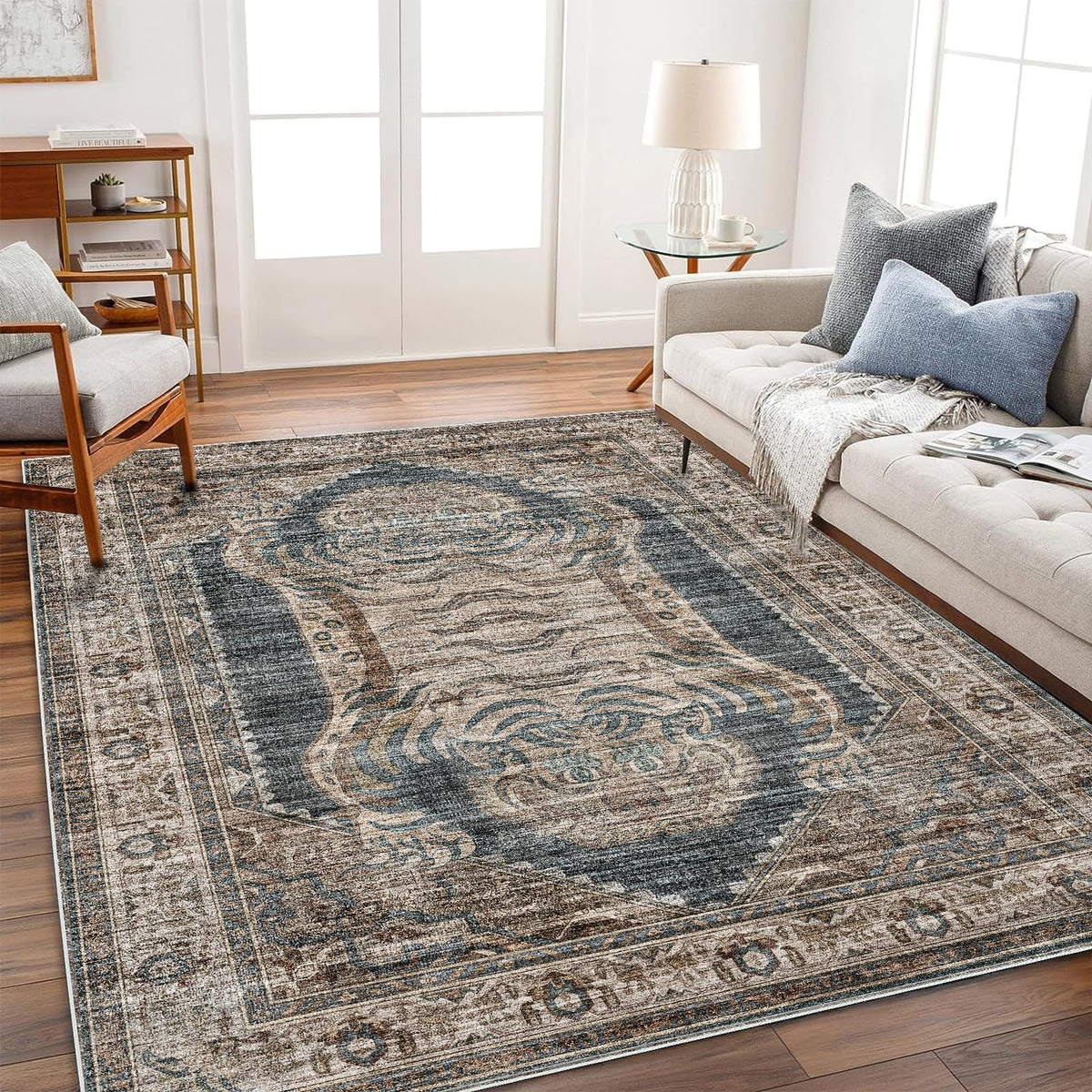 CHAMPLANT 6'x9' Washable Vintage Area Rug Boho Chic Medallion Distressed Design Non-Shedding Easy Care Ideal for High Traffic Areas in Living Room Bedroom Kitchen Office Large Carpet