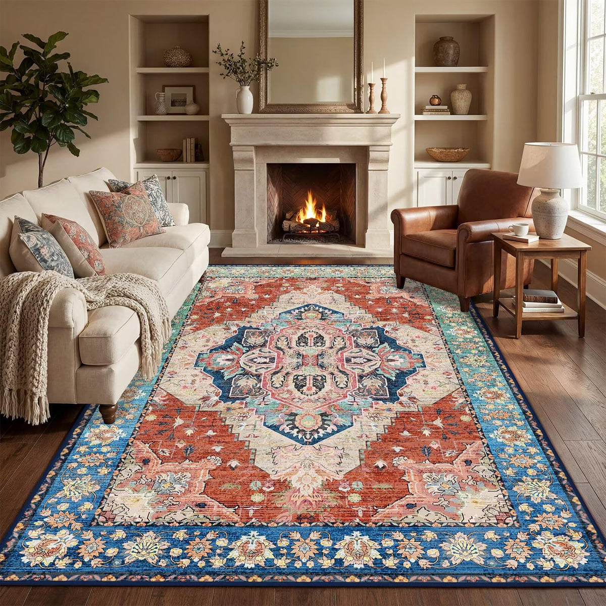 Washable 9x12 Area Rug for Living Room, Non-Slip Large Pink Bedroom Rugs
