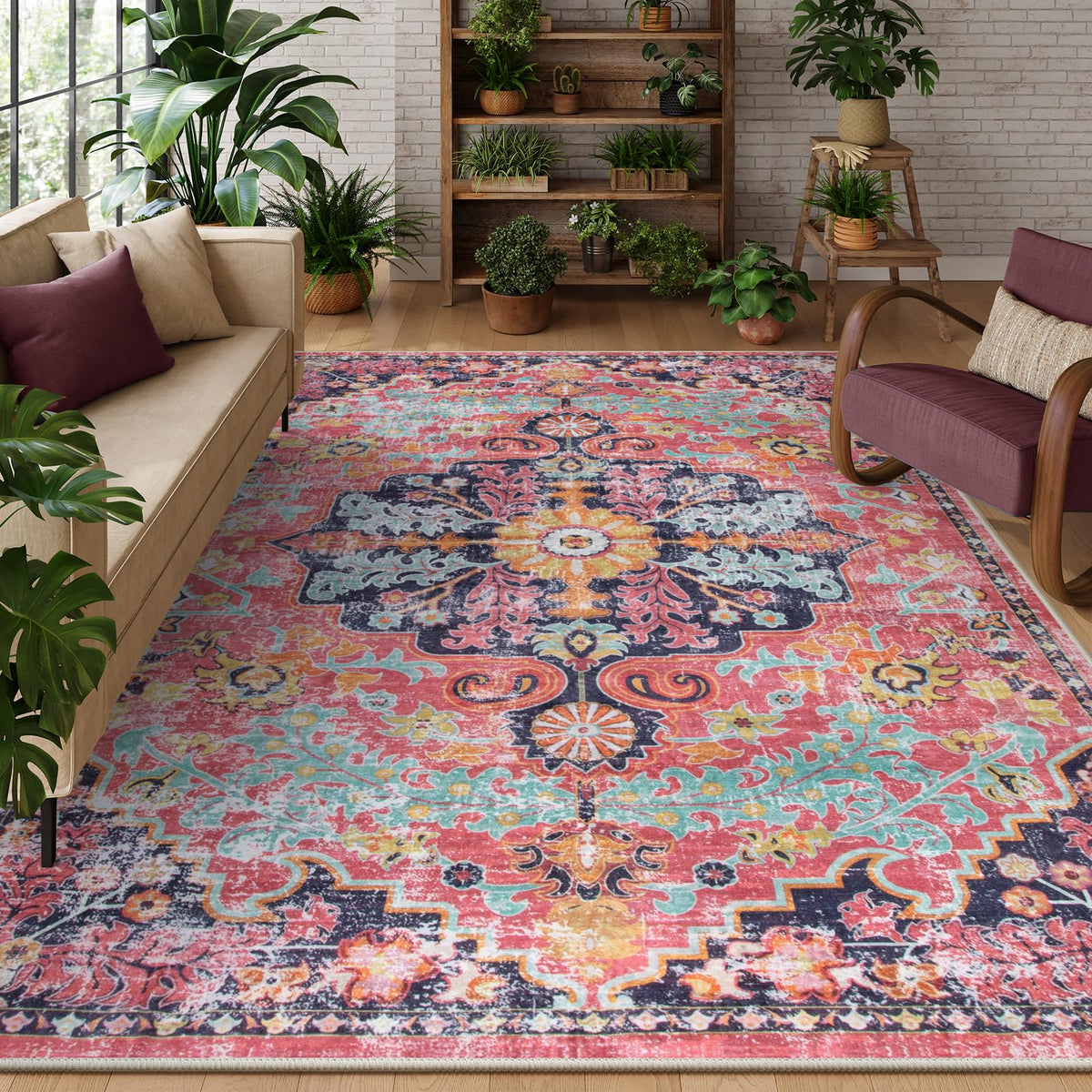 Lahome Felice Boho Tribal 2x3 Washable Small Rugs for Entryway Doormat Indoor Entrance, Throw Rugs with Rubber Backing, Bohemian Soft Non-Slip Bathroom Carpet for Bath Front Door Kitchen Floor