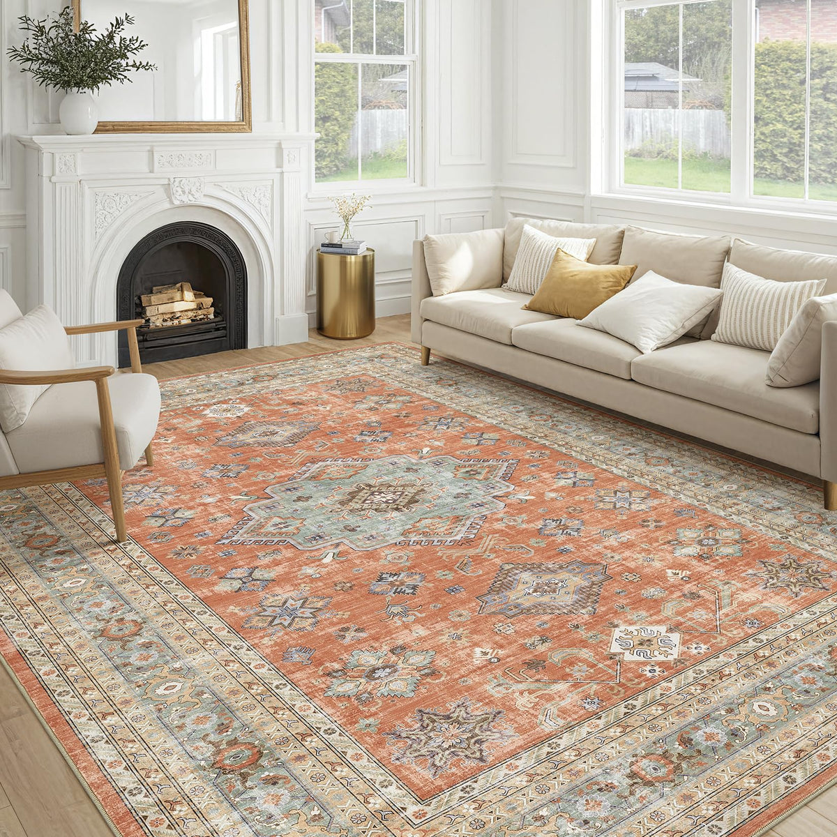 cotiled 5x7 Area Rug for Living Room, Washable, Traditional, Beige